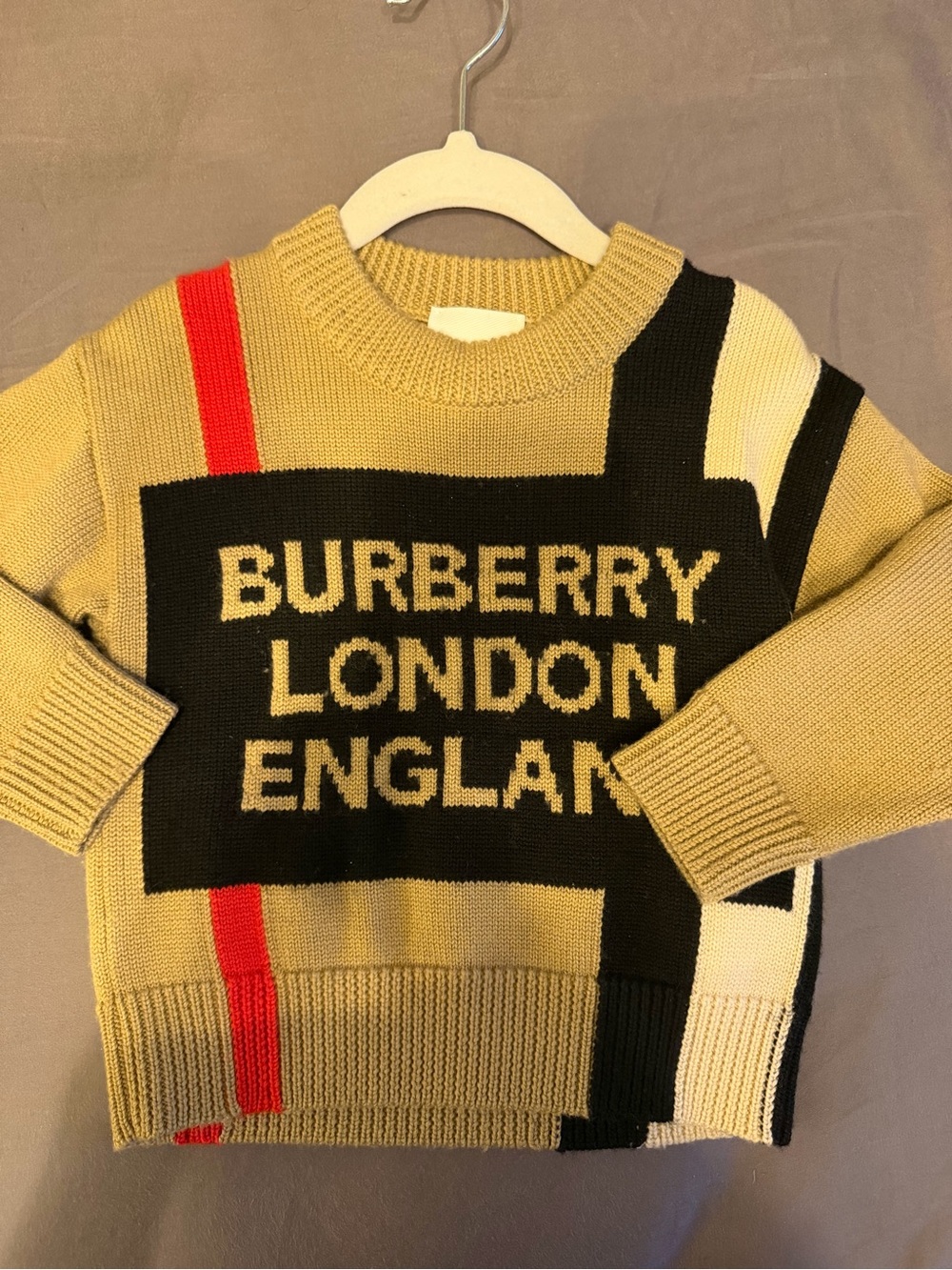 Burberry Beige Crewneck Sweater with Black Logo and Red Stripe